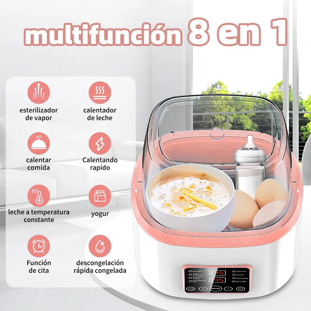 EEBOU Calentador de Biberones Esterilizador Multifuncional 8 en 1 [Modelo Mejorado de 2026], Apto para 4 Biberones, Calentador de Biberones Portatil Modo Constante de 24H, Sin BPA (Rosa)