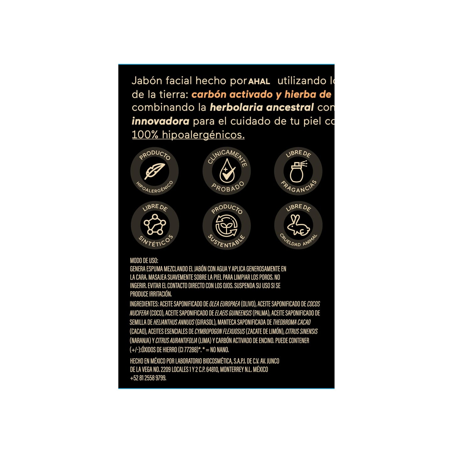 AHAL Jabón Facial con Carbón Activado Piel Grasa y Mixta Vegano 80 g