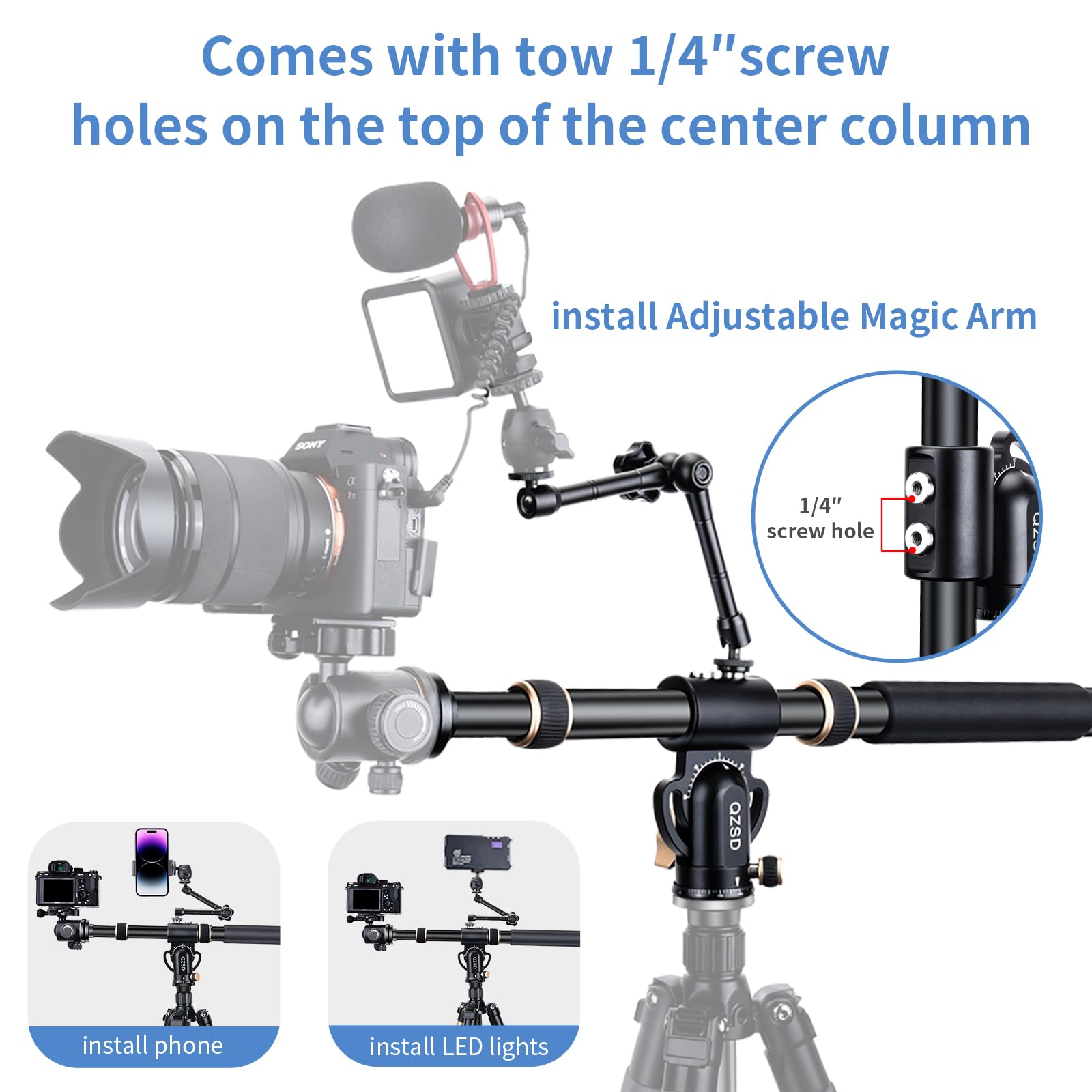 Brazo de extensión de trípode de aluminio de 41 pulgadas con brazo de columna central horizontal retráctil con 1/4 pulgadas y 3/8 pulgadas, giratorio de 360° para fotografía de gran ángulo, carga