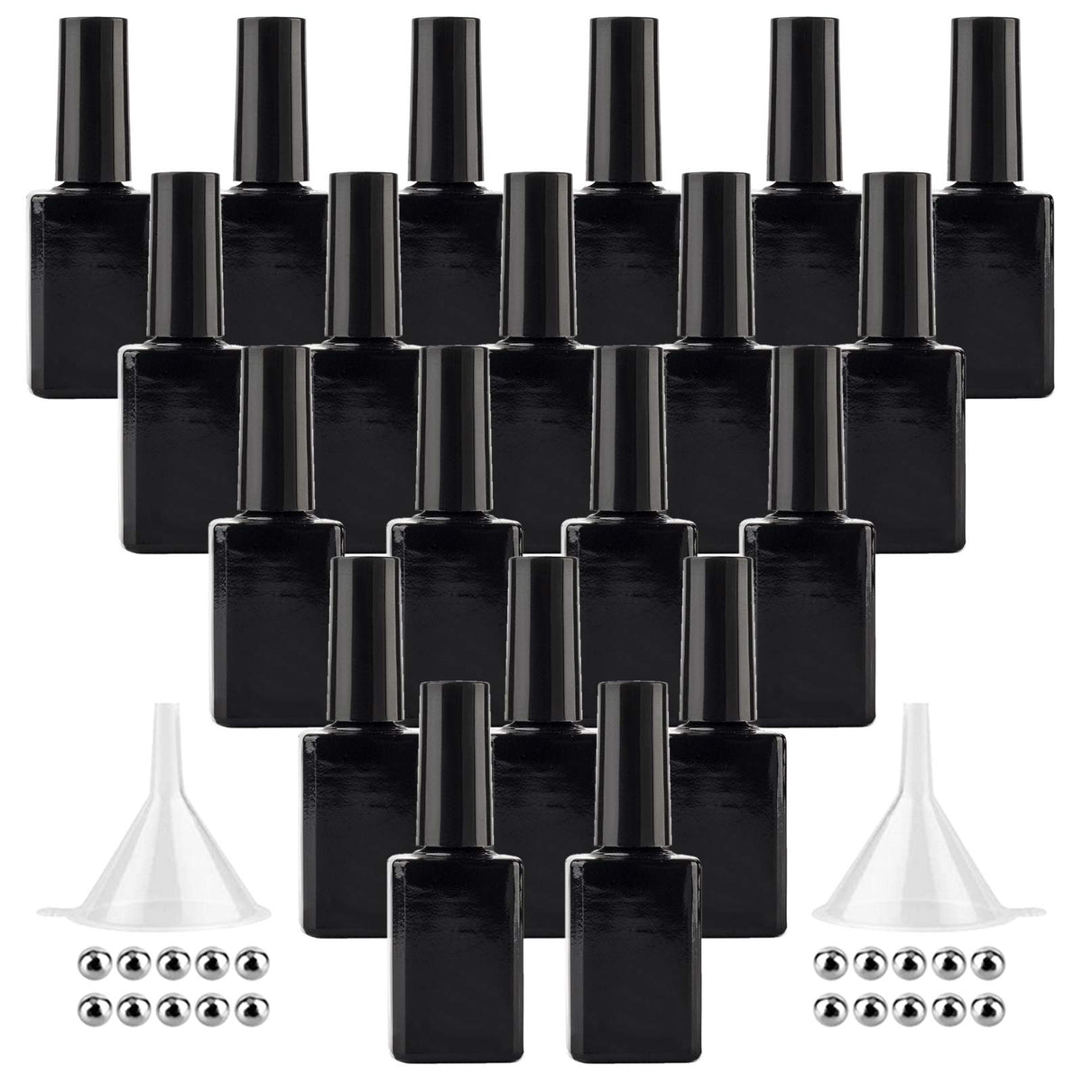 GTHER 20 botellas vacías de esmalte de uñas, botellas de vidrio rellenables, frascos con tapa de cepillo y embudo y bolas de mezcla, color negro (15 ml)