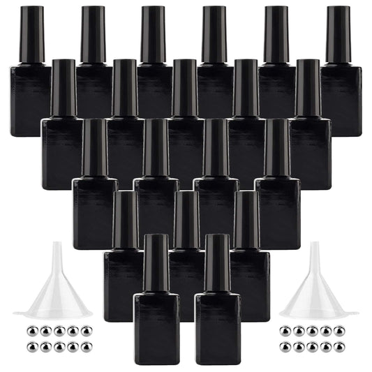 GTHER 20 botellas vacías de esmalte de uñas, botellas de vidrio rellenables, frascos con tapa de cepillo y embudo y bolas de mezcla, color negro (15 ml)