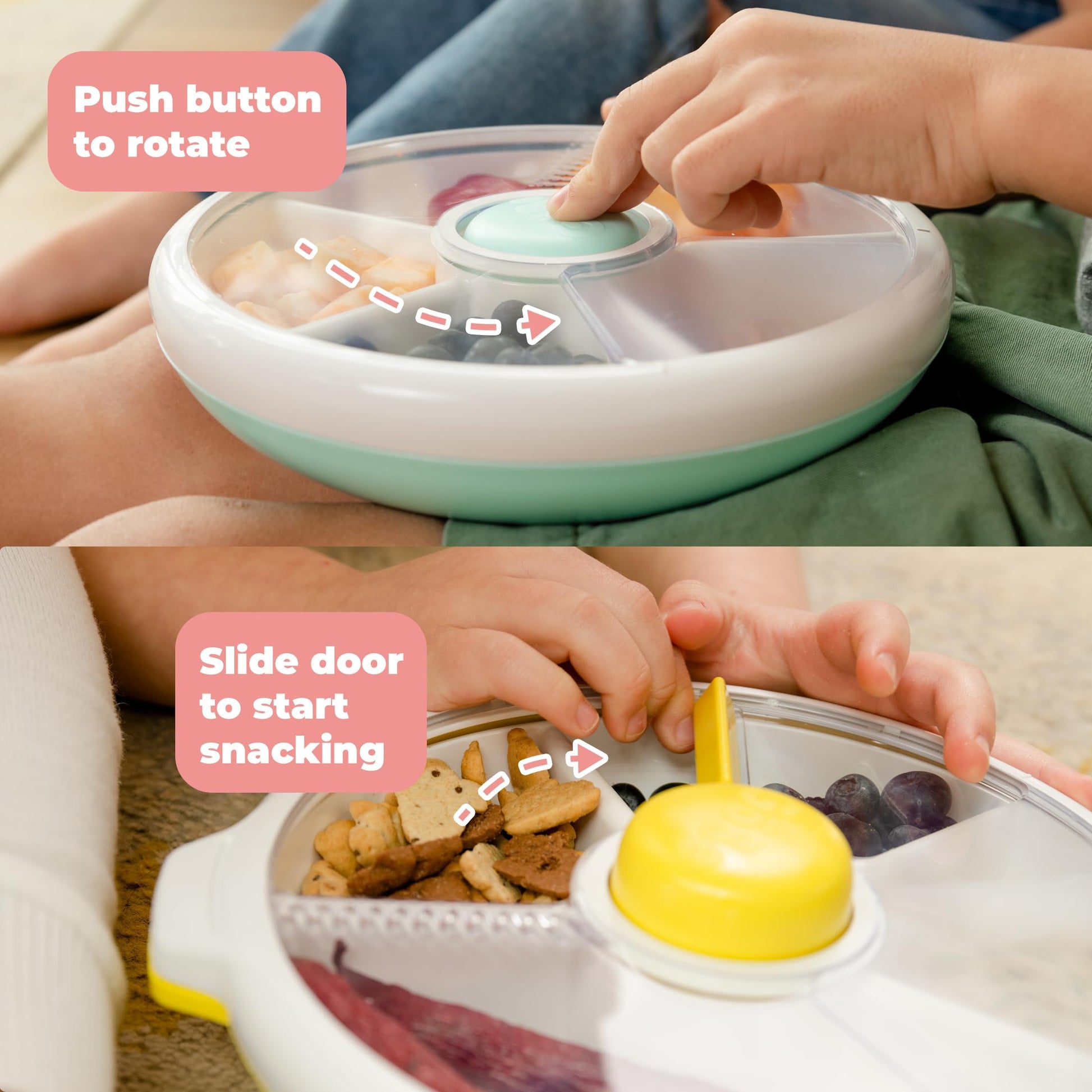 GoBe Kids - Paquete grande para aperitivos con correa de mano y hoja adhesiva, contenedor reutilizable con dispensador de 4 compartimentos y tapa, sin BPA/PVC, apto para lavaplatos, sin derrames