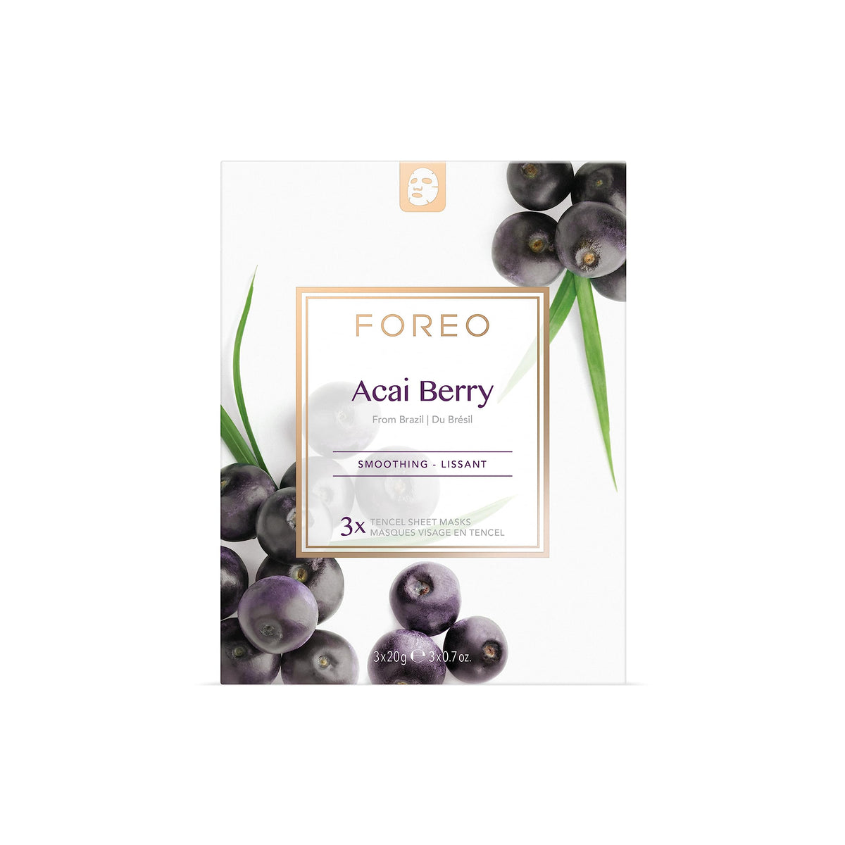 FOREO UFO Acai Berry, mascarilla facial activa para piel seca y envejecida, Pack con 3 unidades, antioxidante, bayas de açai y manteca de karité, cruelty free, compatible con todos los dispositivos UFO