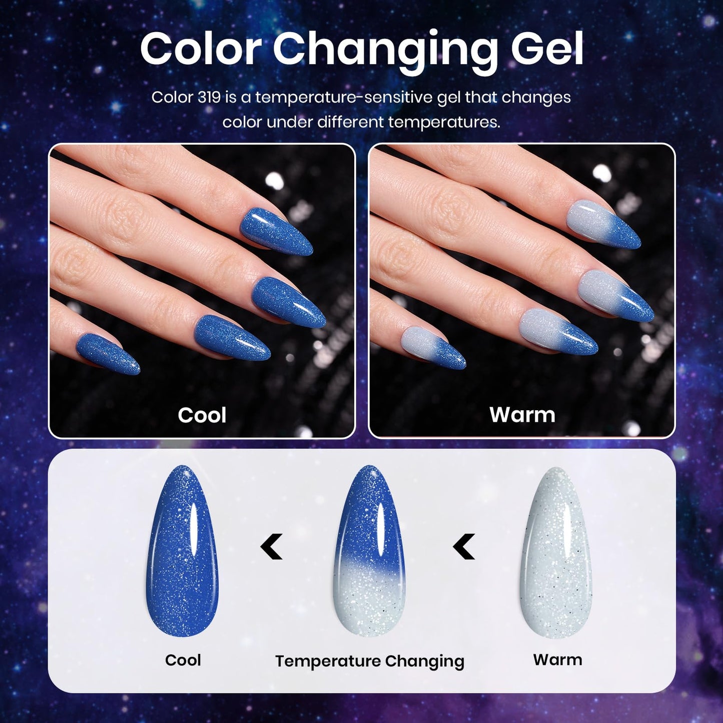 Beetles Milky Way - Juego de esmaltes de uñas de gel con purpurina, 6 unidades, color negro, morado, azul, galaxia, lámpara UV, ojos de gato, imán que cambia de color, gel camaleón fantasma brillante, regalo para mujeres y niñas