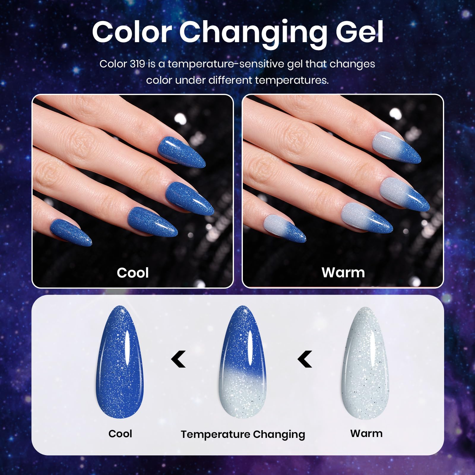 Beetles Milky Way - Juego de esmaltes de uñas de gel con purpurina, 6 unidades, color negro, morado, azul, galaxia, lámpara UV, ojos de gato, imán que cambia de color, gel camaleón fantasma brillante, regalo para mujeres y niñas