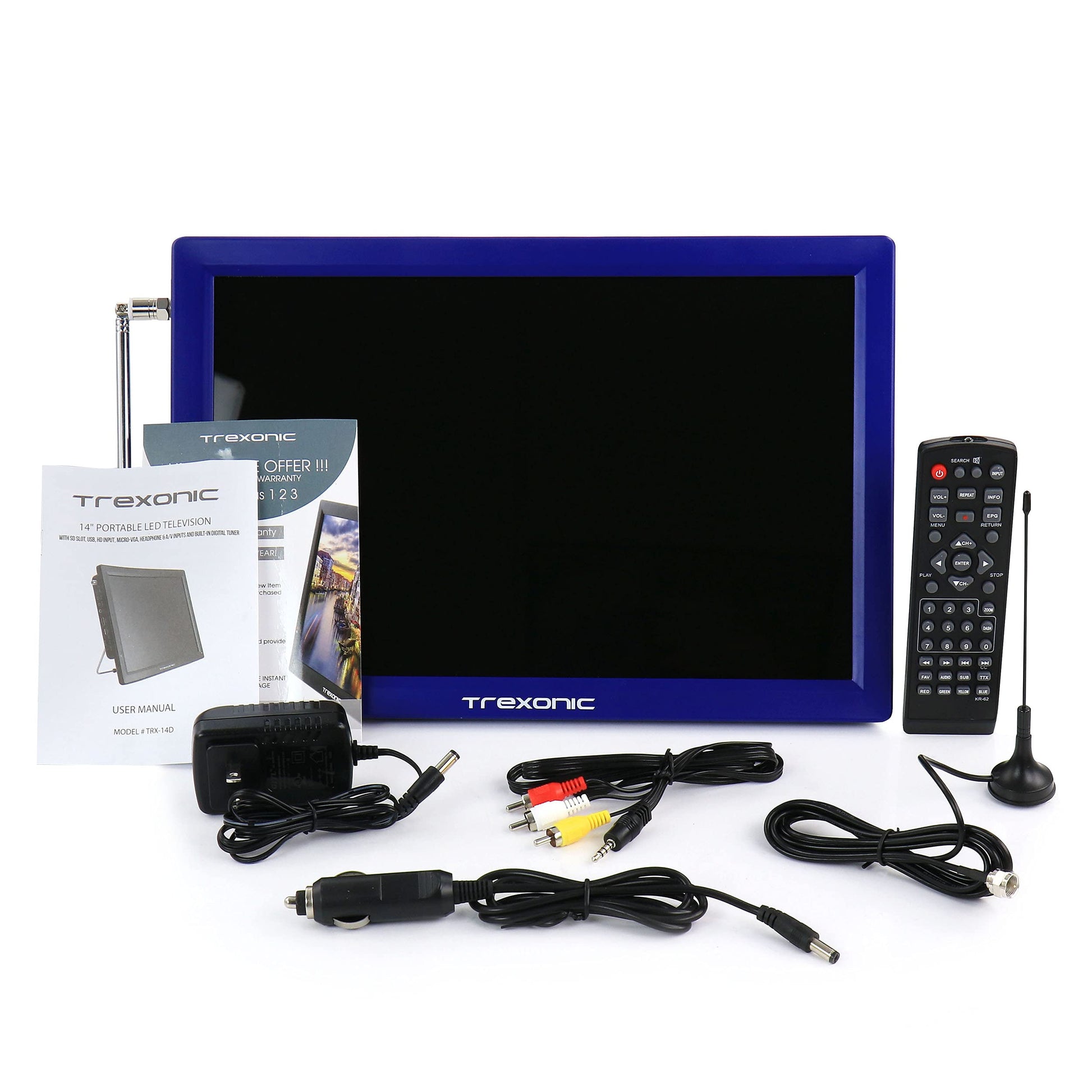 Televisor LED Portátil Trexonic Azul Recargable de 14 Pulgadas con Sintonizador Digital Integrado