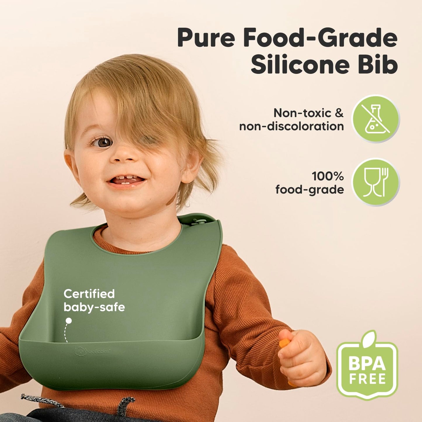KeaBabies - Paquete de 2 baberos de silicona de grado alimenticio resistentes para bebés, niñas, niños, colector de alimentos grande, limpiar y poner fácilmente, esenciales de alimentación para niños