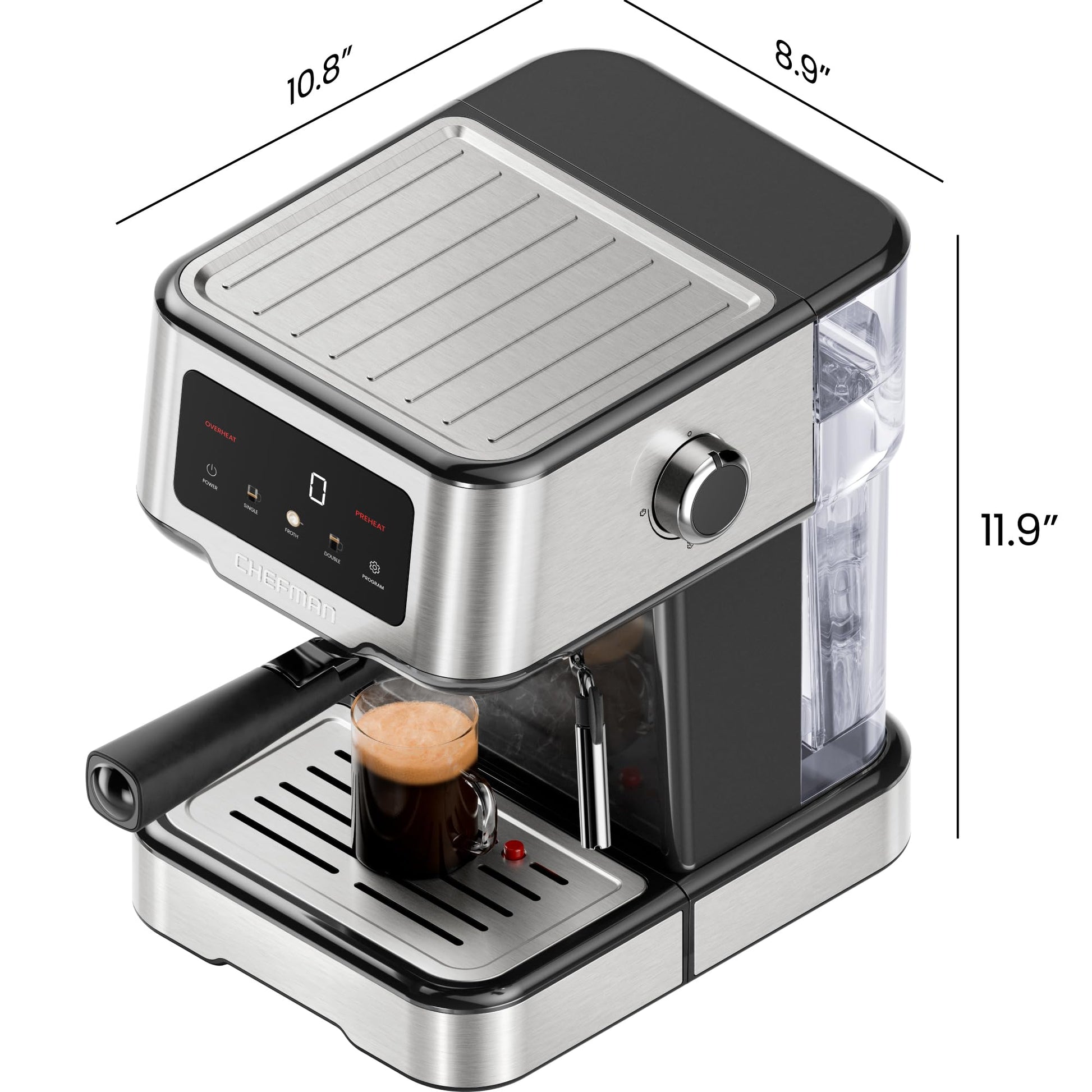 Chefman Máquina de espresso Chefman CraftBrew, cafetera digital con bomba de 15 bares con varilla de vapor para café con leche y capuchino, compacta con depósito de agua extraíble de 1.8L - acero inoxidable