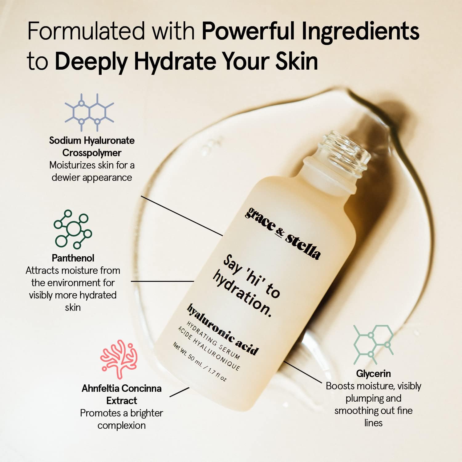 Suero de ácido hialurónico – Vegano – Suero de ácido hialurónico para la cara, ácido hialurónico para hidratar y eliminar líneas finas + arrugas, aumentar el colágeno – Saluda a la hidratación con grace and stella (1.7 onzas)