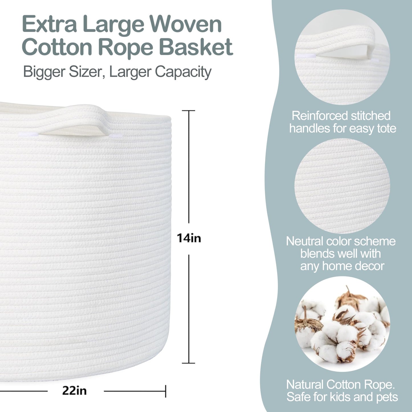 MEGASKET - Cesta de almacenamiento de cuerda de algodón blanco, 22 x 22 x 14 pulgadas, manta extragrande, almacenamiento para sala de estar, cesta de juguetes suaves XL para organizar, cesta de
