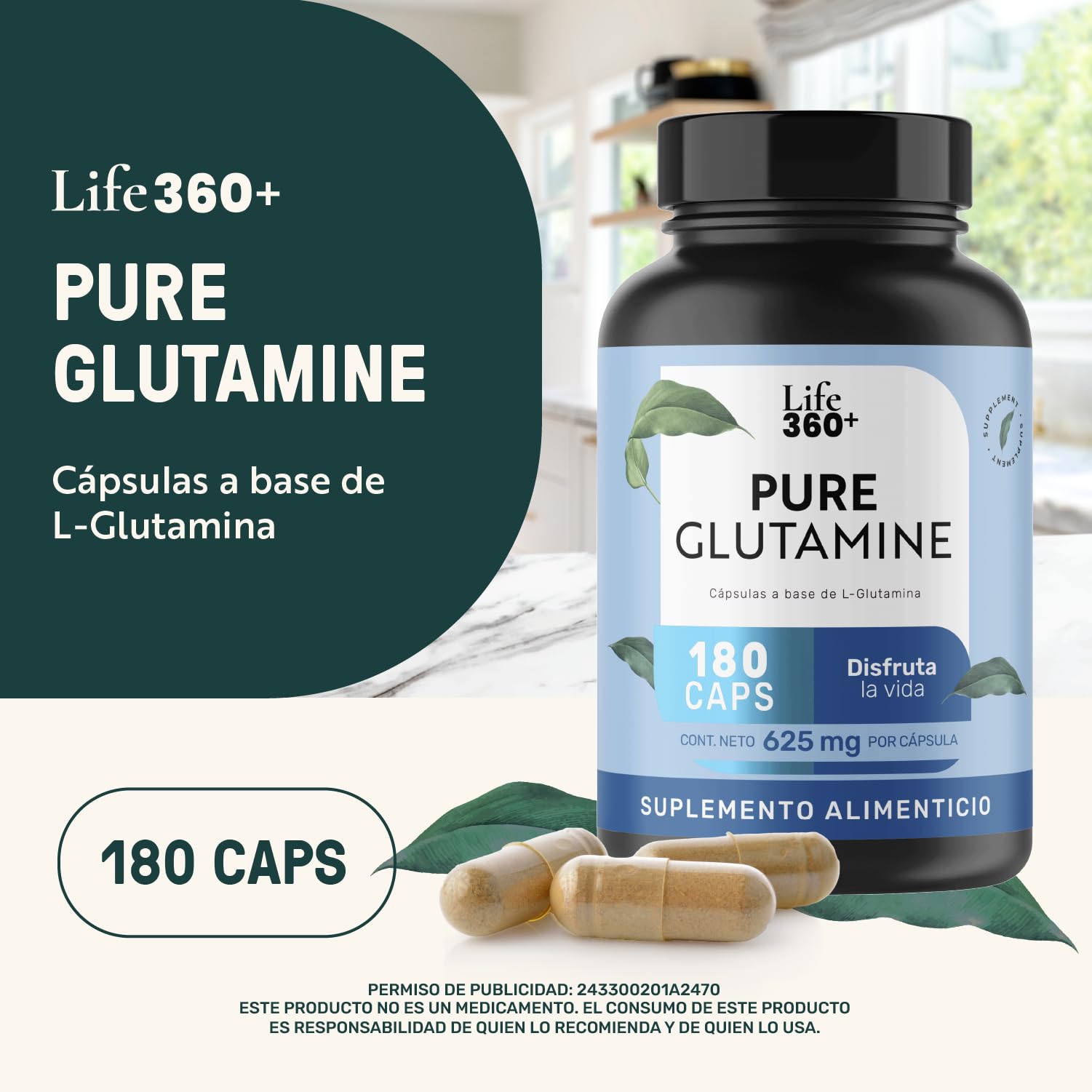 LIFE 360+ Pure Glutamine | 180 Cápsulas | L-Glutamina, Estearato de Magnesio | Suplemento Alimenticio en cápsulas a base de L-Glutamina | Cápsulas de Gelatina | Contenido total 180 porciones