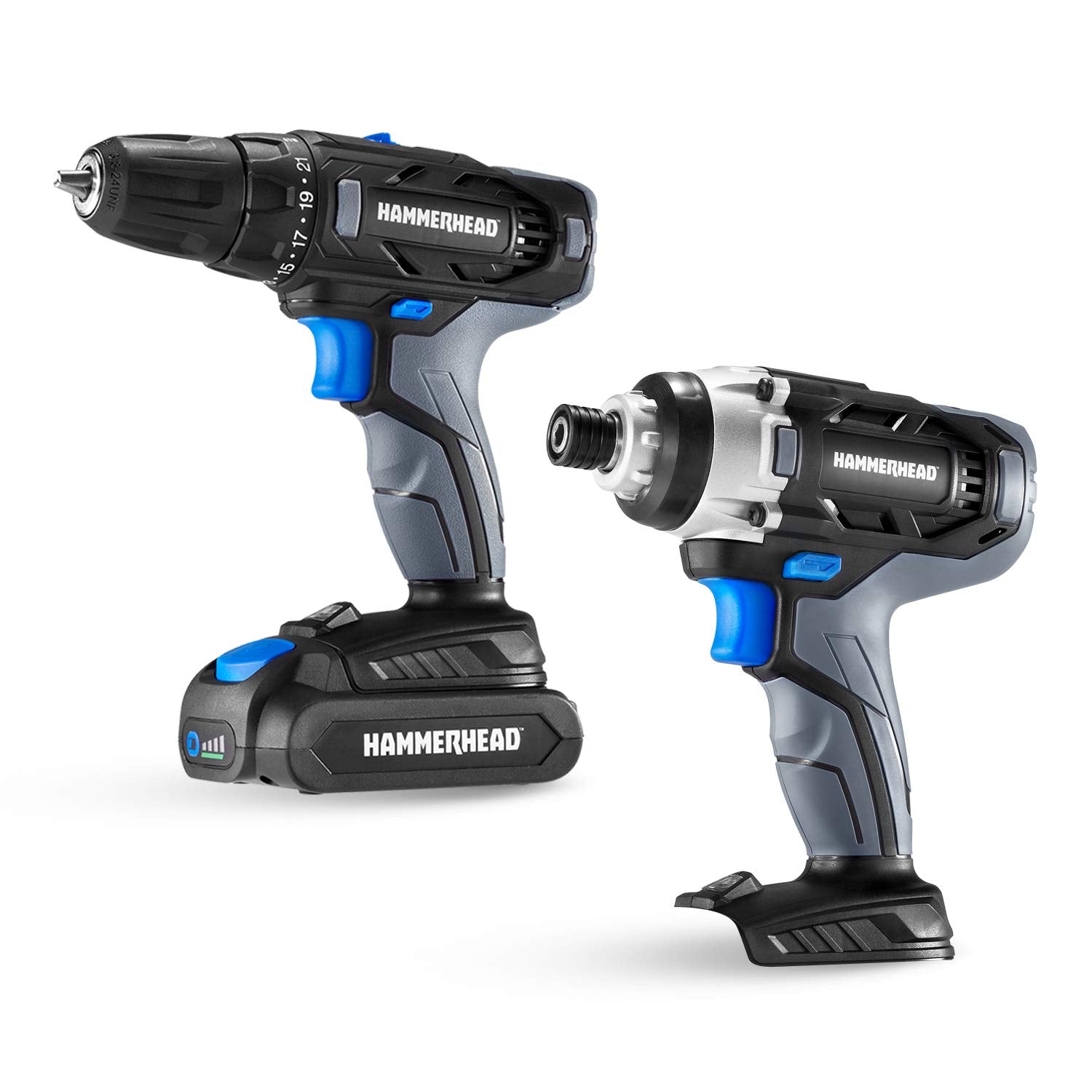 Hammerhead - Kit de 2 herramientas inalámbricas de 20 V Taladro y destornillador de impacto con batería de 1.5 Ah y cargador - HCC2020