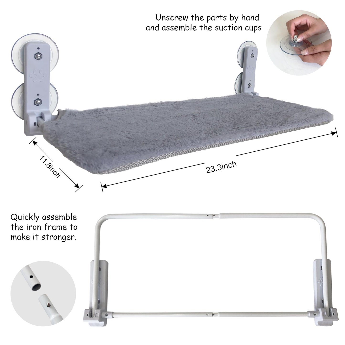 ASBAYSON - Hamaca sin cuerda para ventana para gato, se monta sin herramientas en 2 minutos, con 4 ventosas y marco resistente de setal, camas plegables para gatos de interior (gris)