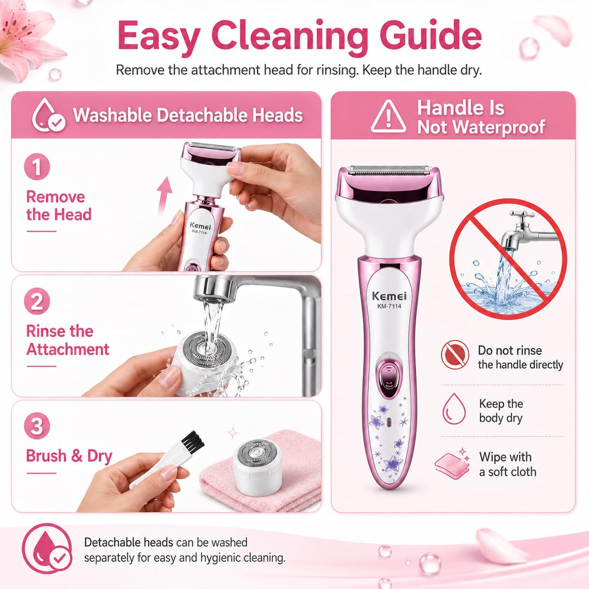 KEMEI 7114 - Maquinilla de afeitar eléctrica para mujer, 4 en 1, removedor de pelo indoloro para cara, cejas, nariz y bikini, recargable en húmedo y seco, color rosa
