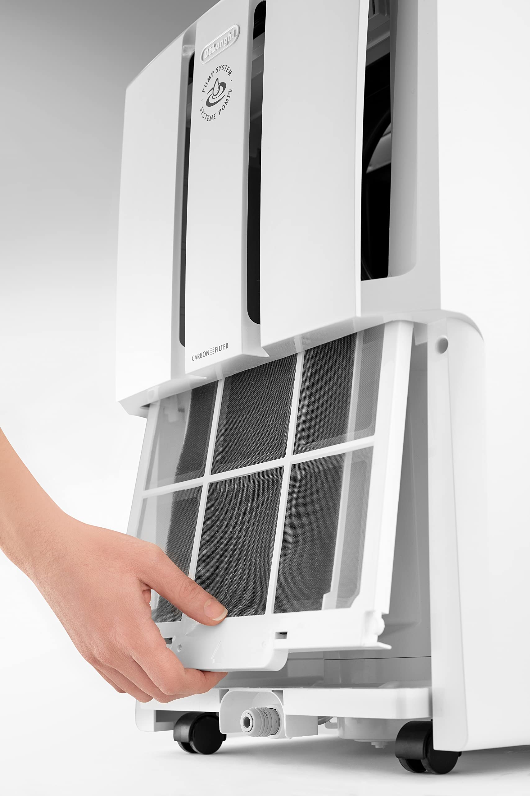 De'Longhi Deshumidificador DDX235PEF con Bomba de Extracción Incluida, Filtro de Carbon Activado y Filtro Biosilver.