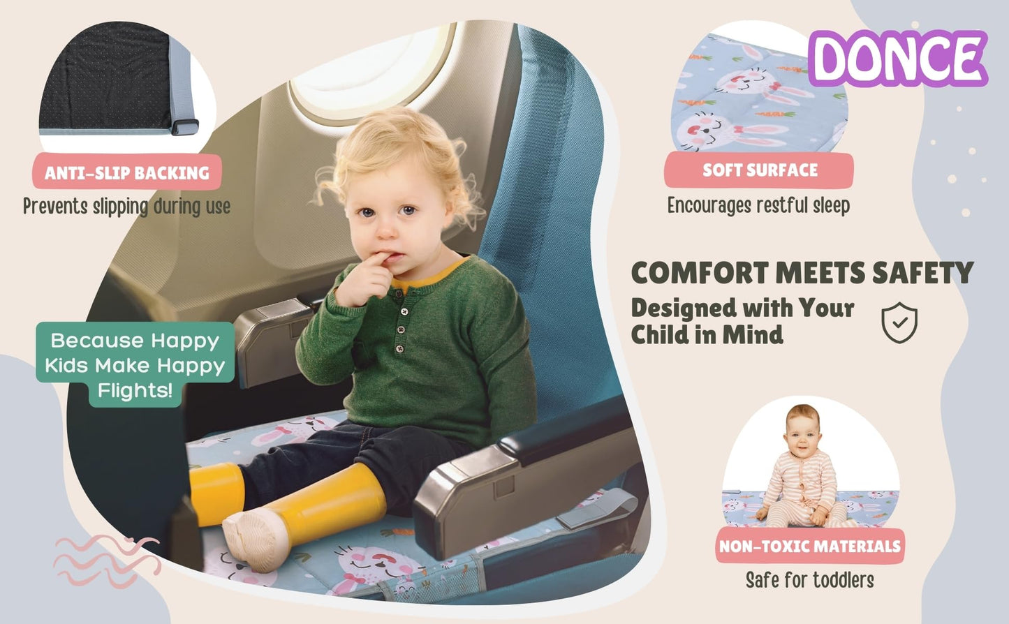 DONCE Cama de Avión para Niños Pequeños, Artículos Esenciales de Viaje de Avión para Niños Pequeños, Extensión de Asiento de Avión para Niños, Cama de Viaje Portátil para Avión para Vuelos Largos
