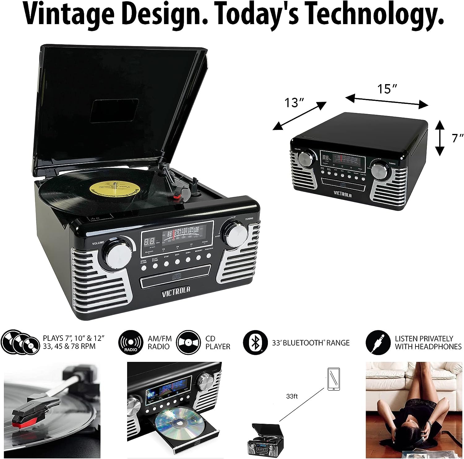 Tocadiscos Bluetooth Victrola Haley Aguamarina Retro con Reproductor de CD y Radio AM/FM