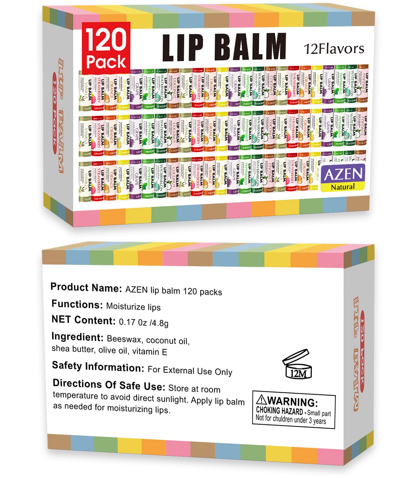 AZEN- Paquete de 120 bálsamos labiales, bálsamo labial natural a granel, producto para el cuidado de los labios, bálsamo labial hidratante para labios secos y agrietados