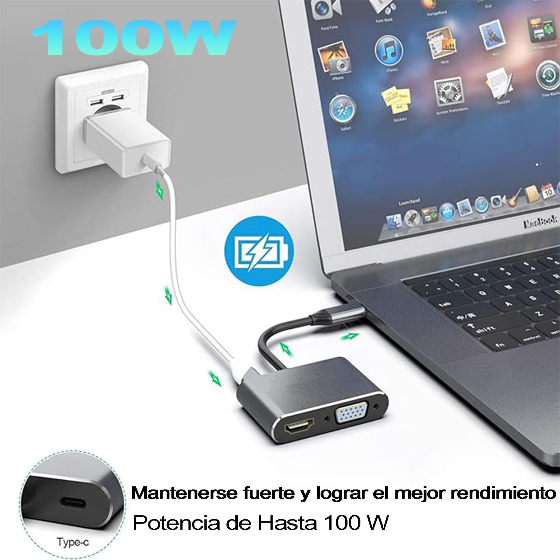 HXEIR Adaptador USB C a HDMI VGA, 4 en 1 USB C Hub Adaptador para MacBook Air con Salida HDMI 4K, Puerto USB 3.0 y 100W PD Carga Compatible con MacBook Pro/Air/iPad DELL XPS y más Dispositivos Tipo C