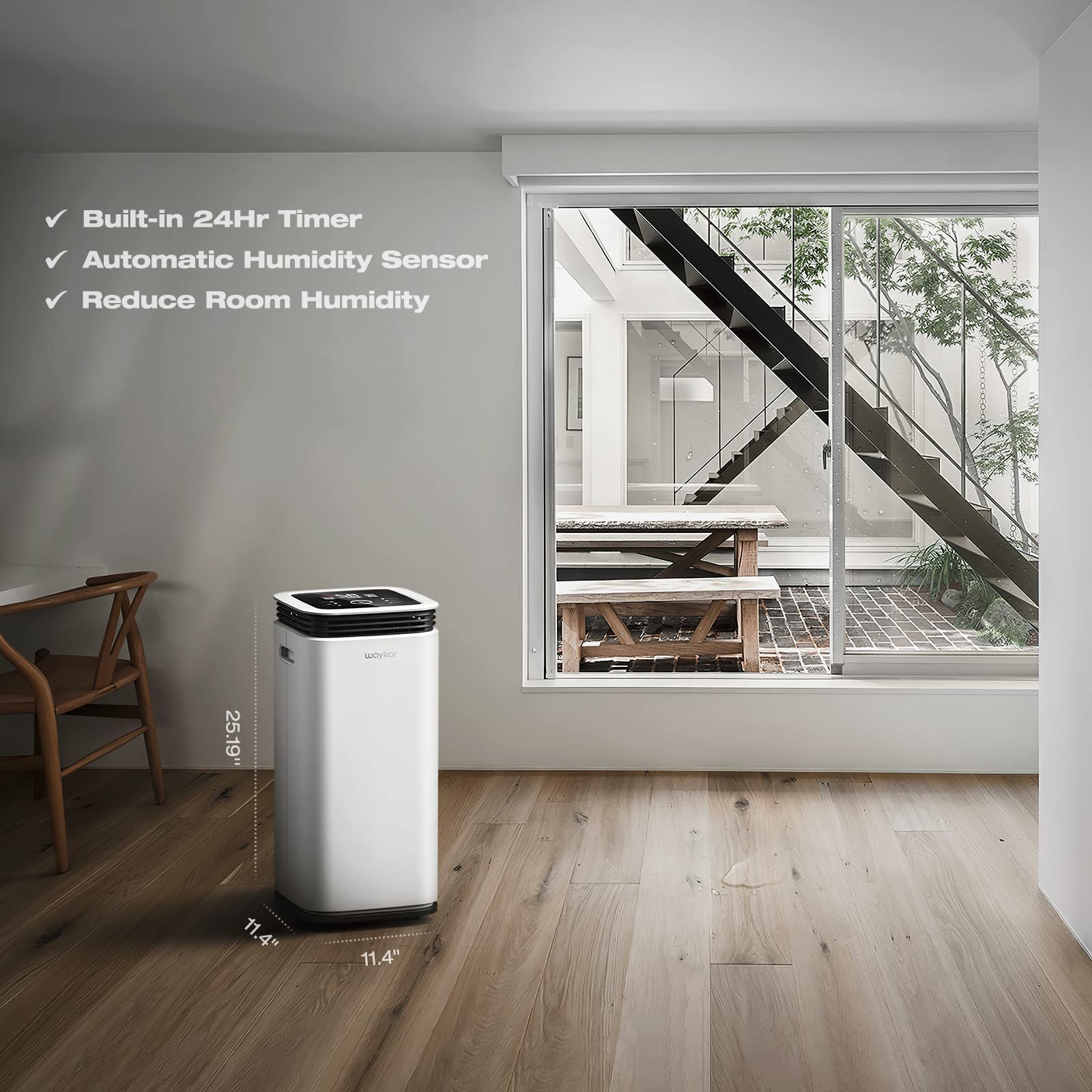 Deshumidificador Waykar Blanco con Control Táctil y Manguera de Drenaje para Sótanos y Habitaciones Grandes