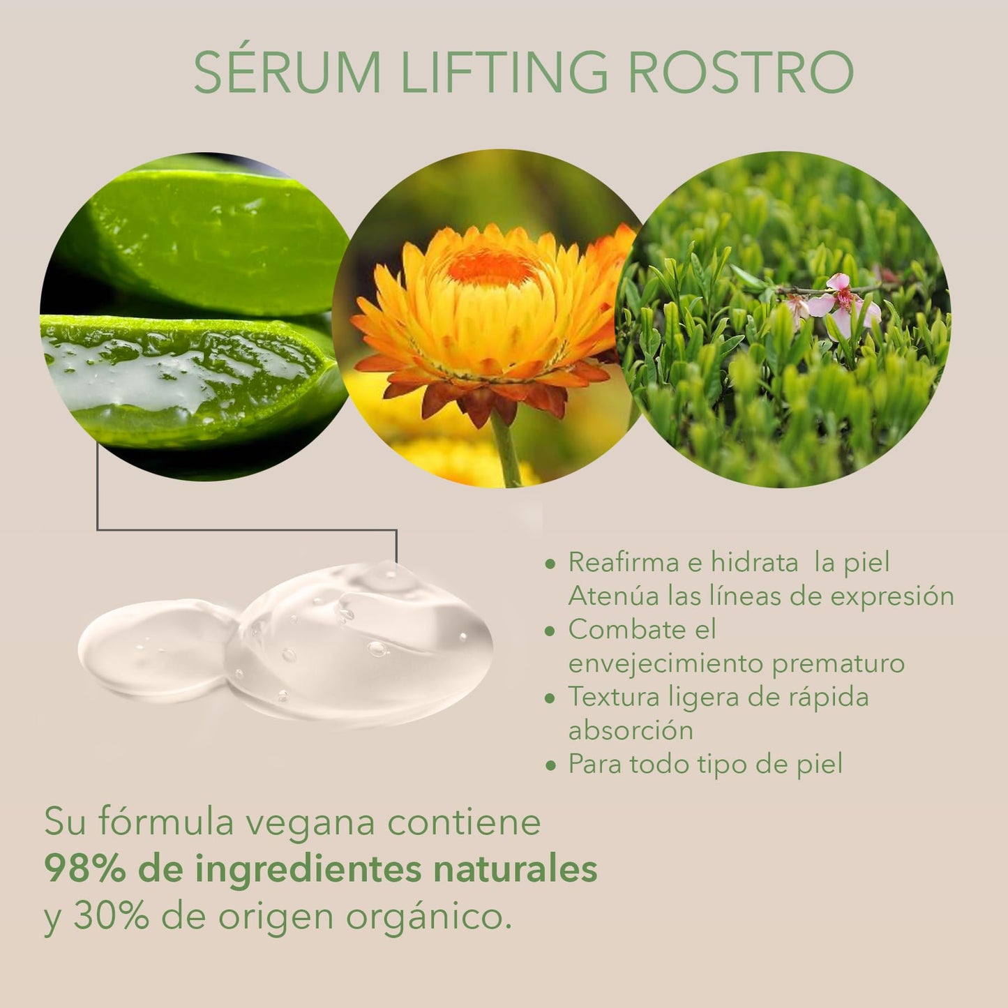 Marie d'Argan Sérum Lifting Rostro Natural, Orgánico y Vegano, Aloe Vera, Té Verde, Antiedad, Hidratante, Unisex