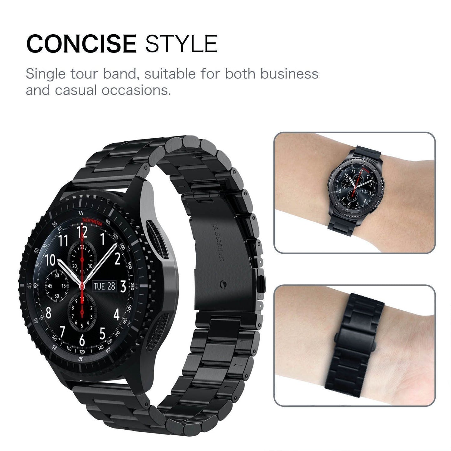 PUBAMALL Compatible para Gear S3 Frontier/Classic Watch Band, 22mm de Acero Inoxidable con Cierre de Cierre Ajustable Band Compatible para Gear S3 y Watch 46mm / Stratos 2 Watch (Negro)