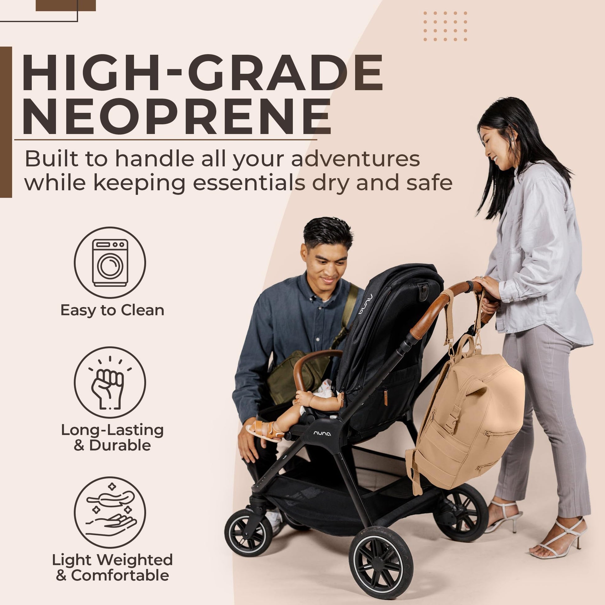 Mochila ligera de neopreno resistente al agua con almohadilla de cambio, correas para ruedas, bolsa húmeda y bolsa, caqui, L