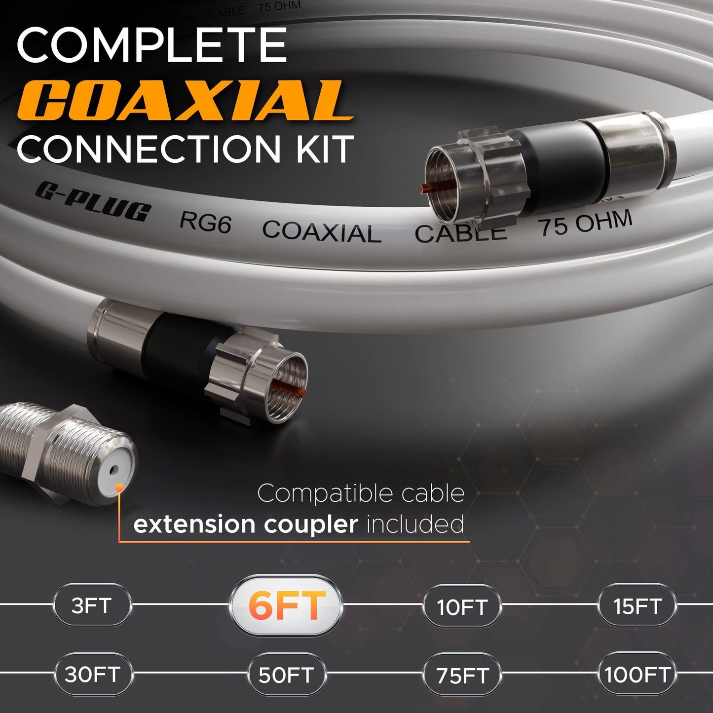 G-PLUG Cable Coaxial RG6 75 Ohm, Triple Blindaje, Conectores F Tipo Macho a Macho, Cable Antena TV, Satelital e Internet Banda Ancha, Incluye Acoplador F81, Blanco