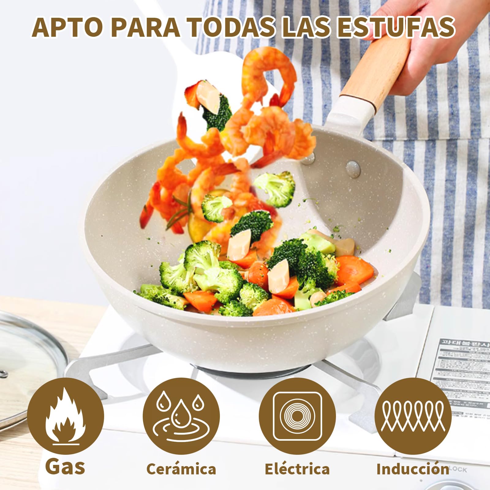 Juego de Sartenes Antiadherentes Batería de Cocina Blanco con Mango Desmontable
