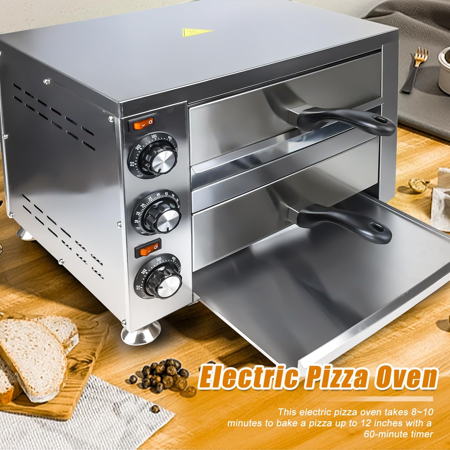 Generic YOOKTEN - Horno eléctrico de pizza para encimera de interior y comercial, máquina para hacer pizzas, horno de pizza de acero inoxidable de 2 niveles, 1100 W
