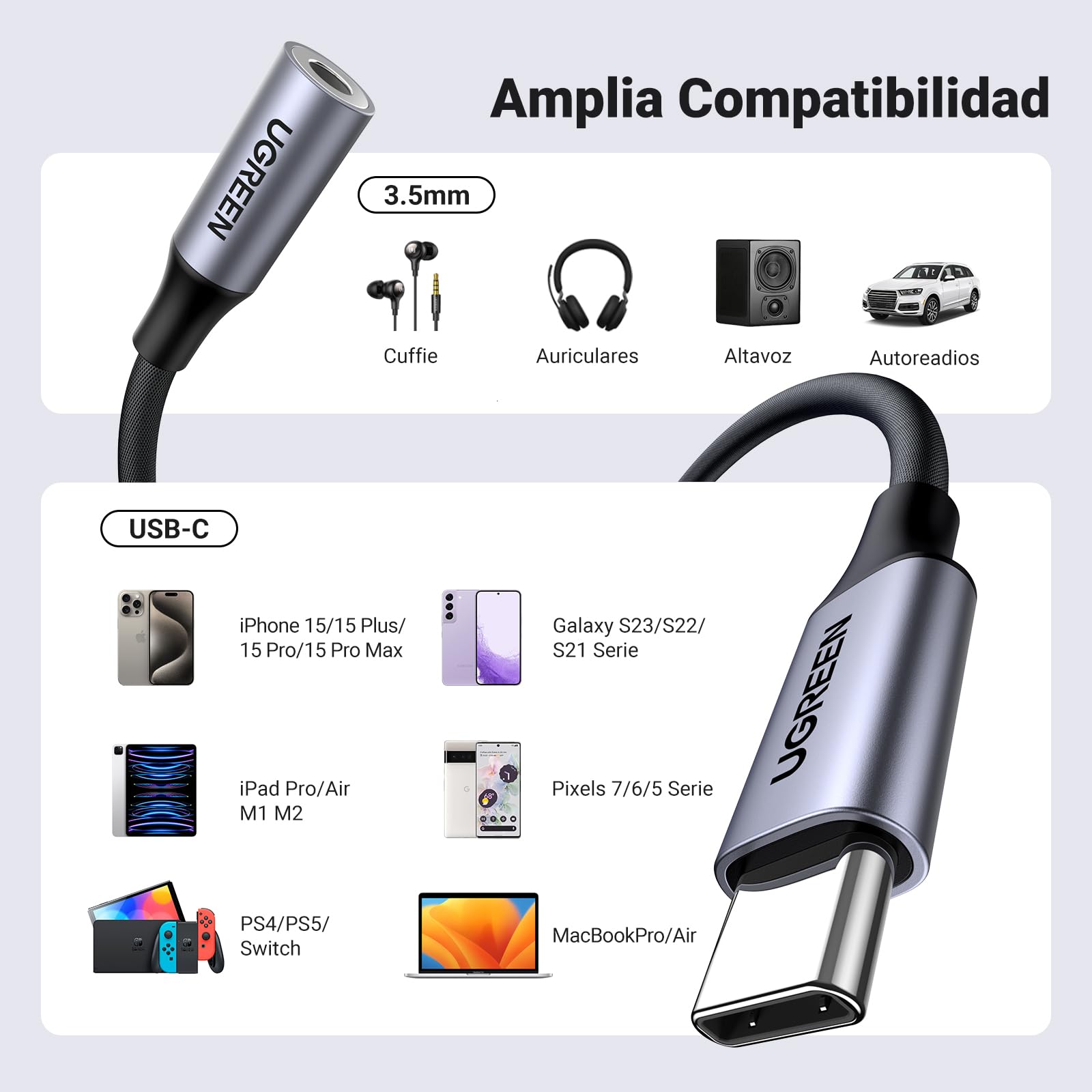 UGREEN Adaptador USB C a Jack 3.5 mm, DAC Chip HiFi Audio Adaptador para Auricular, Compatible con iPad Pro, iPhone 16/15, 8t/8 Pro, Galaxy S24/S23/S21, Huawei P40/P30, Xiaomi Mi 11/10, 2 Pack