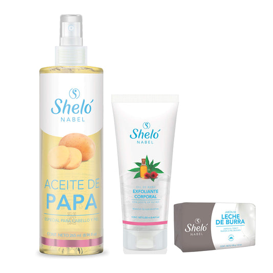 Kit aclarador de zonas obscuras; codos, rodilla, axila y cuello | Aceite de papa, jabón leche de burra, exfoliante corporal