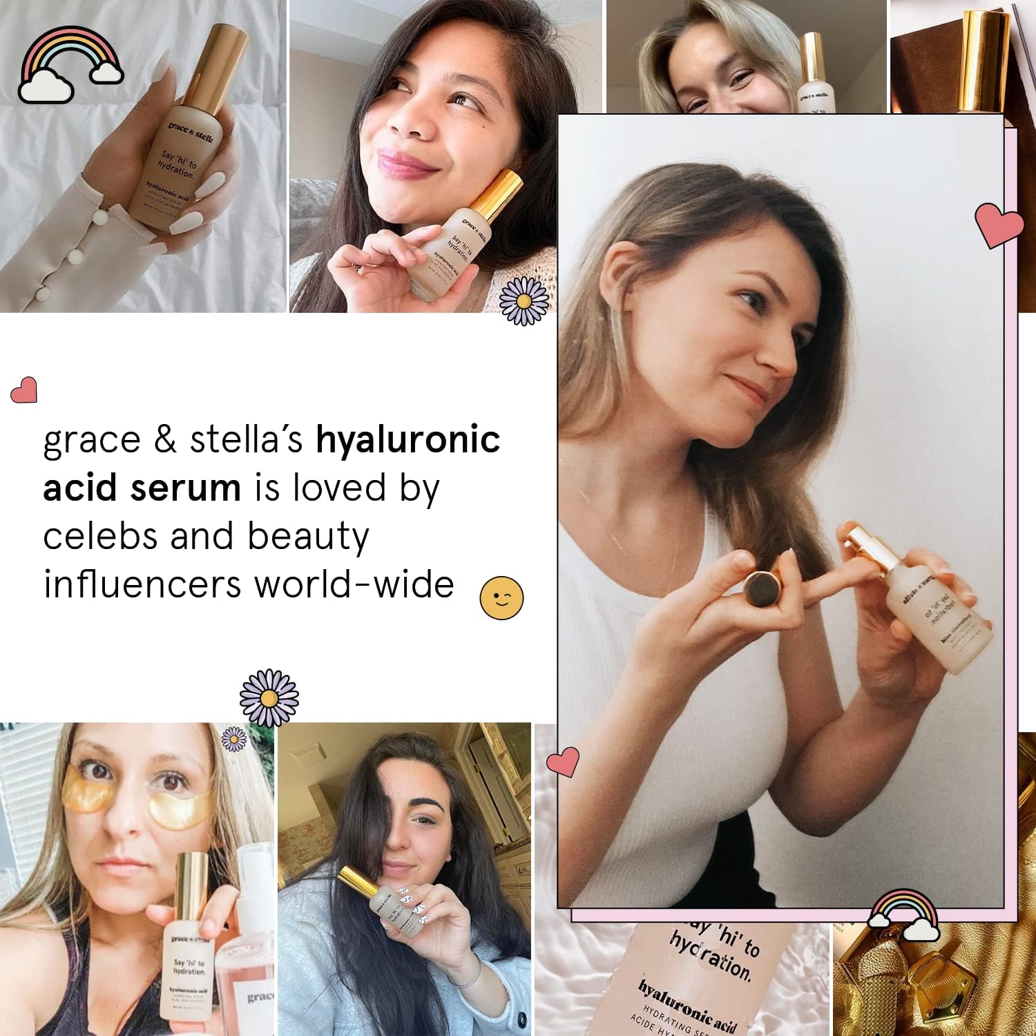 Suero de ácido hialurónico – Vegano – Suero de ácido hialurónico para la cara, ácido hialurónico para hidratar y eliminar líneas finas + arrugas, aumentar el colágeno – Saluda a la hidratación con grace and stella (1.7 onzas)