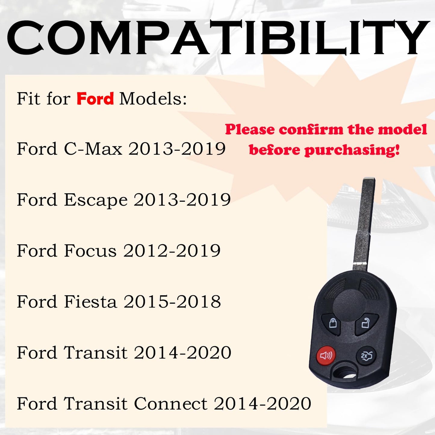 SUPALAND - Llave de repuesto para Ford Focus 2012, 2013, 2014, 2015, 2016, 2017, 2018, 2019, C-MAX Escape Fiesta 2015-2018, Transit Connect 164-R8046, OUCD600002 2 4