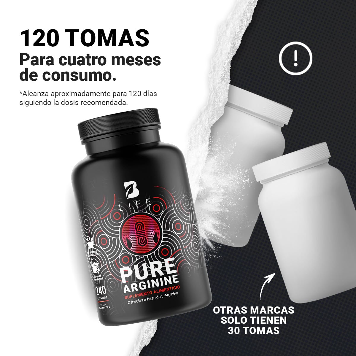 L-Arginina 1000 mg 240 Cápsulas. Ingredientes naturales: L-Arginina. Pure Arginine B Life.
