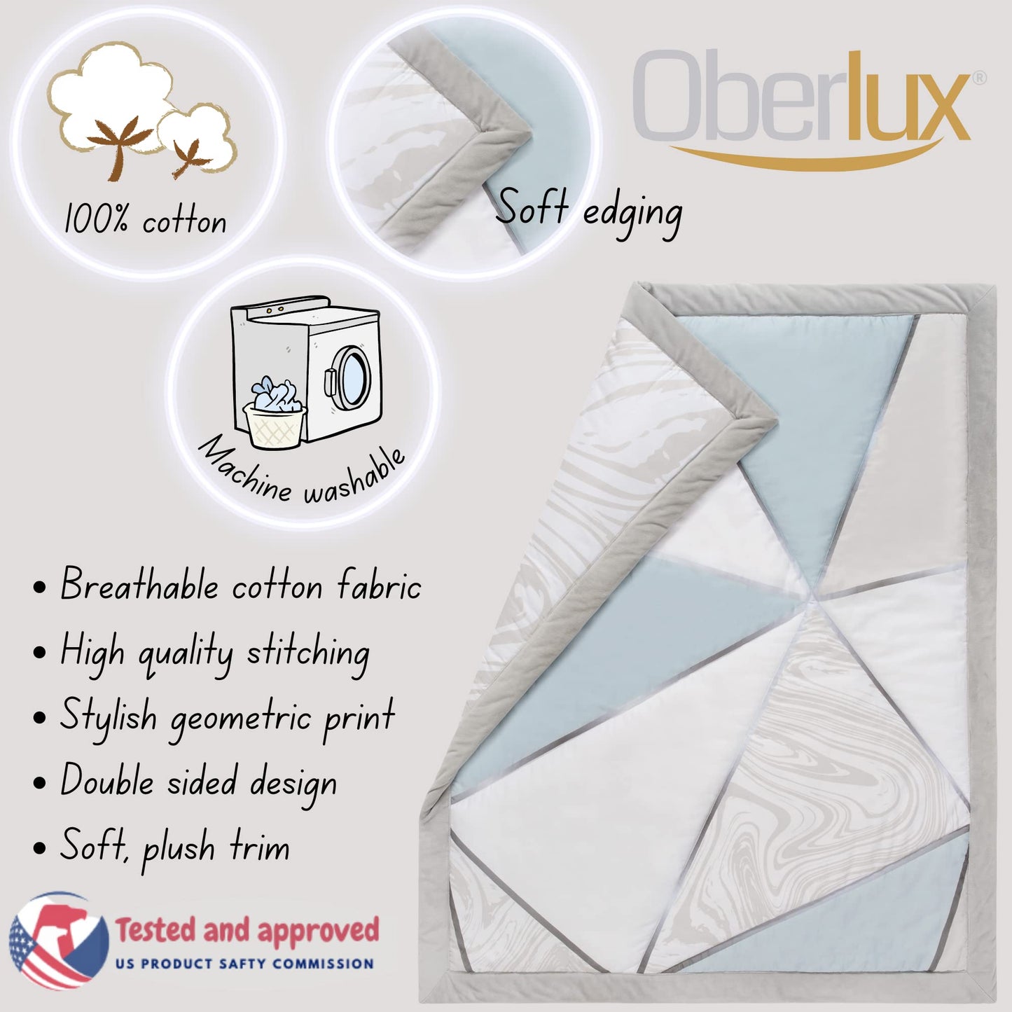 OBERLUX Juego de ropa de cama de cuna para niños | Juego de cama de cuna de 4 piezas | Patrones geométricos, plata brillante, estampado azul bebé y mármol | Precious Collection