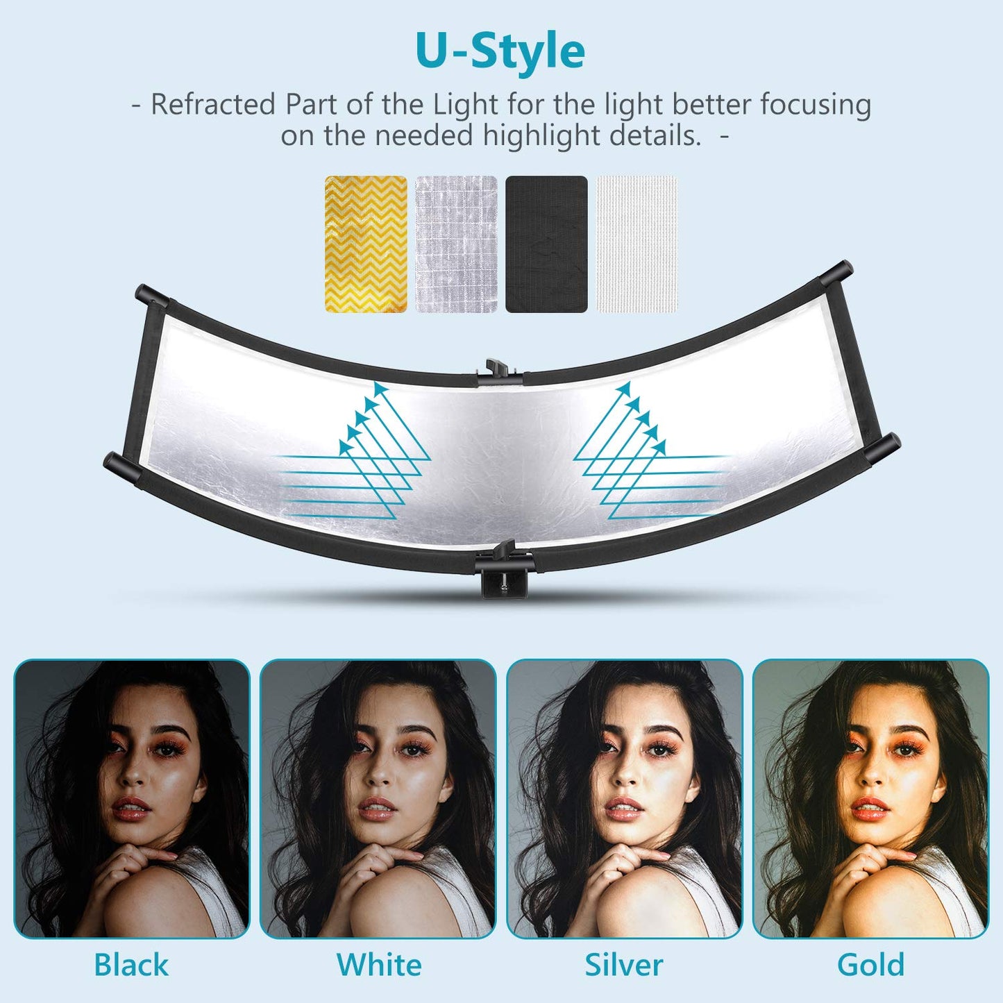 NEEWER Clamshell Difusor Reflector de Luz con Bolsa de Transporte,39”×18”/100x45cm Reflector de Iluminación Curvo para Estudio de Video y Fotografía, Negro/Blanco/Dorado/Plateado (Soporte no Incluido)