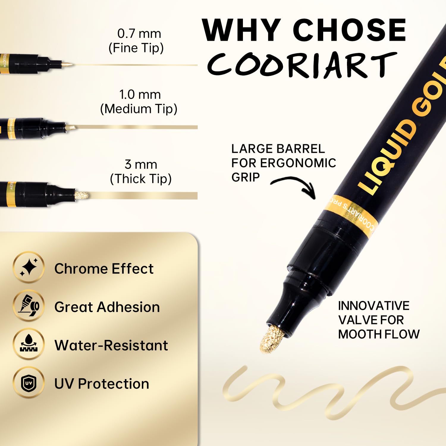 COORIART - Juego de 3 marcadores de espejo permanente cromado, dorado, para metal, plástico, tela, joyería, pintura modelo, kit de retoque y reparación, juego de 3 puntas (0,7 mm, 1 mm, 3 mm)