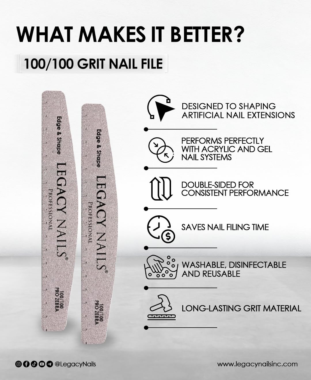 LEGACY NAILS- Legacy Nails 3 en 1 - Lima de uñas con esponja en forma de media luna 100/180 para pulir y dar forma - Lima de uñas Pro Zebra 100/100 Ed