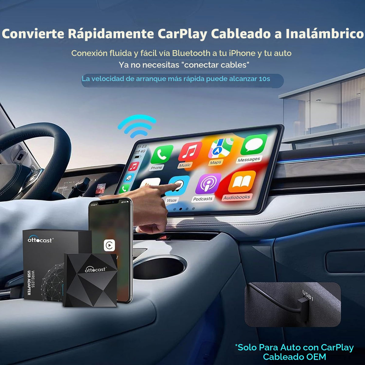 Adaptador inalámbrico CarPlay OTTOCAST U2-Air 2024 5Ghz WiFi Auto Connect para iPhone y OEM
