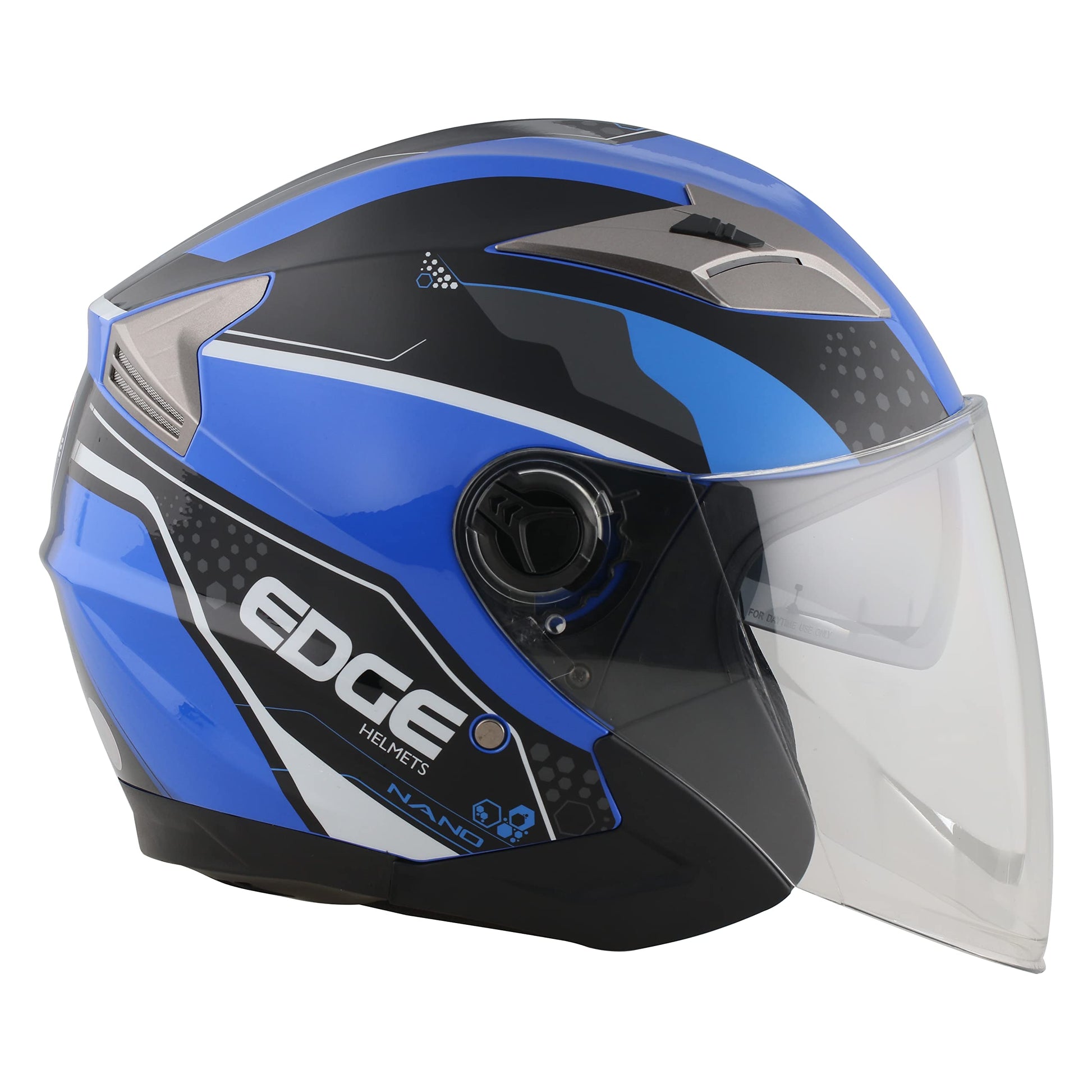 Casco Motocicleta Abierto Semi-Integral Marca Edge - Jaguar - Visor ANTIVAHO - Certificado Dot - Cascos Motocross Pegatina Pegatinas Protector Mujer Hombre (Azul Brillante, Large)