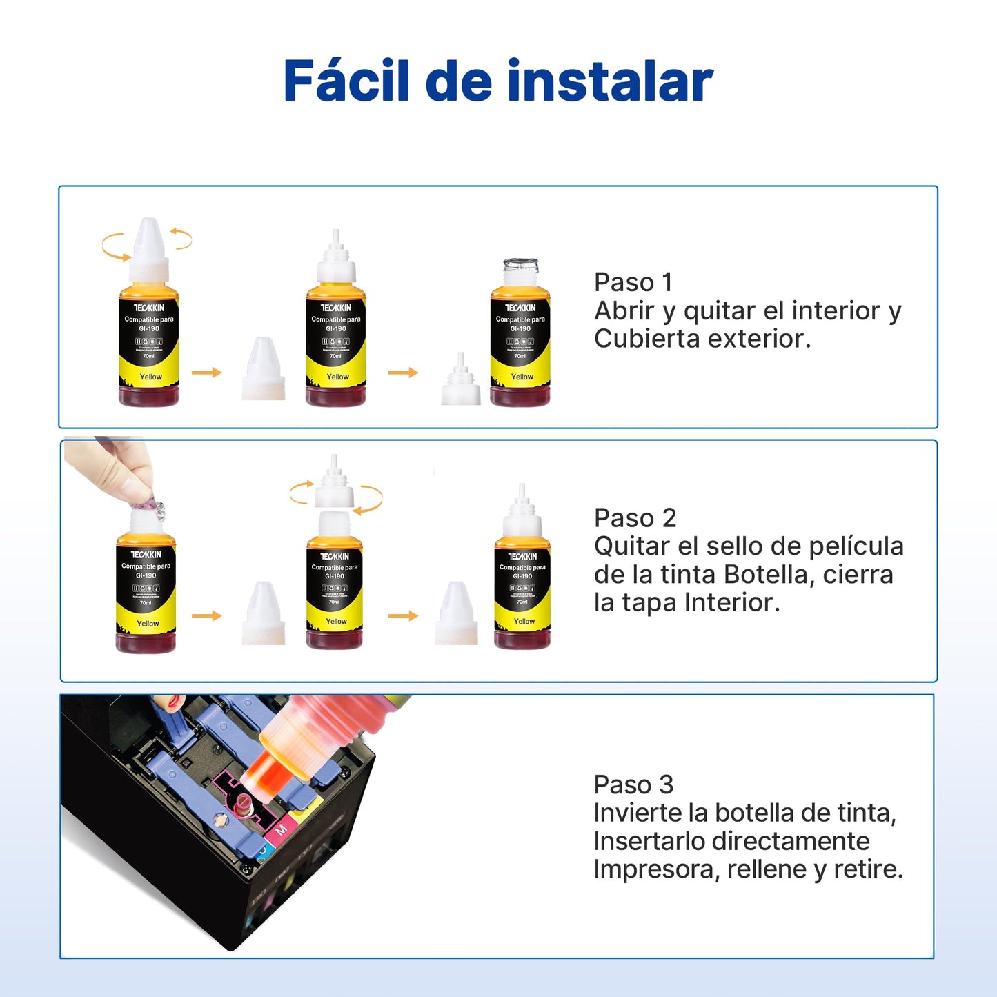 Botella de Tinta TECKKIN Reemplazo Compatible para Canon PIXMA G1100 G1110 G2100 G3100 G3102 G3110 G4102 G4110 4 Botellas