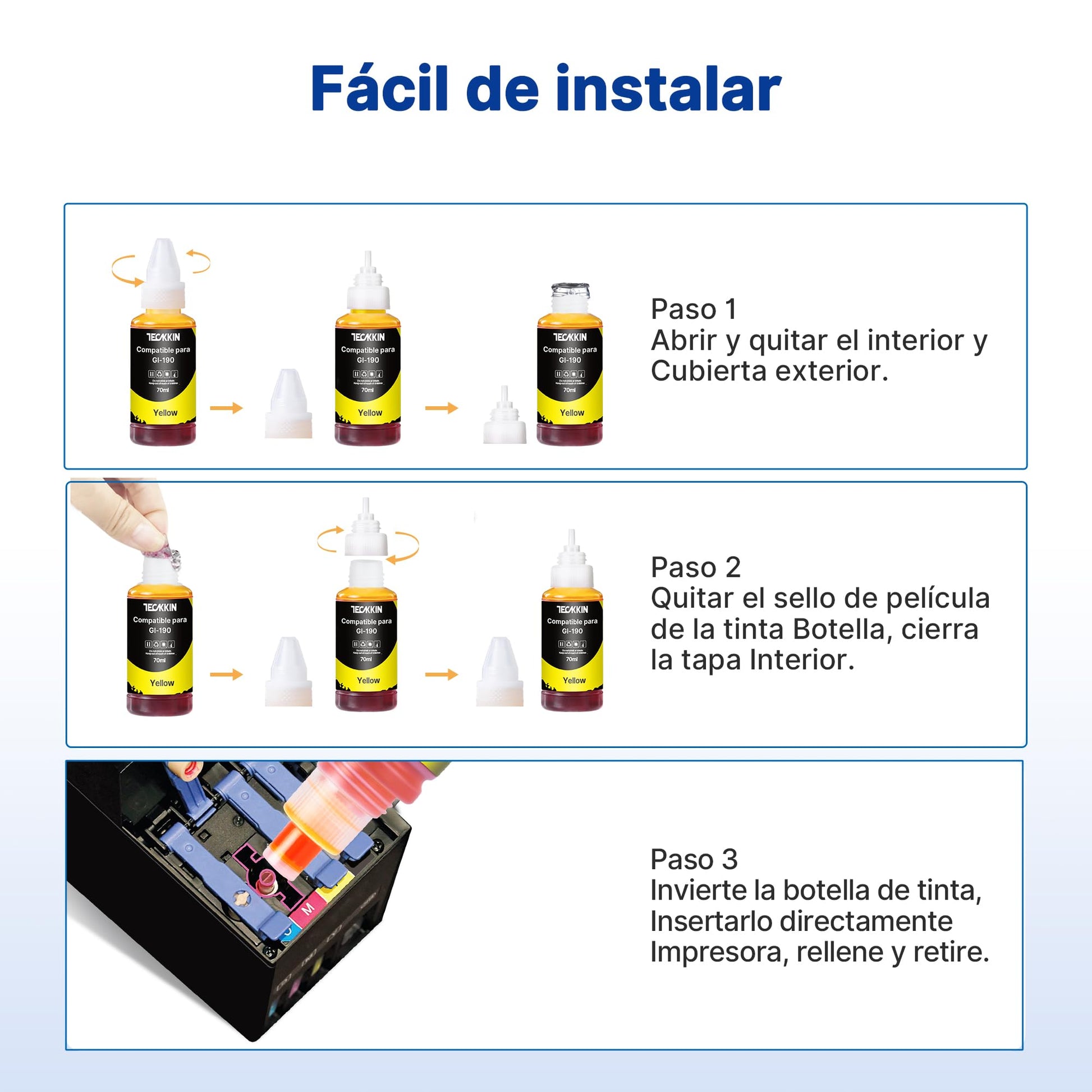 Botella de Tinta TECKKIN Reemplazo Compatible para Canon PIXMA G1100 G1110 G2100 G3100 G3102 G3110 G4102 G4110 4 Botellas