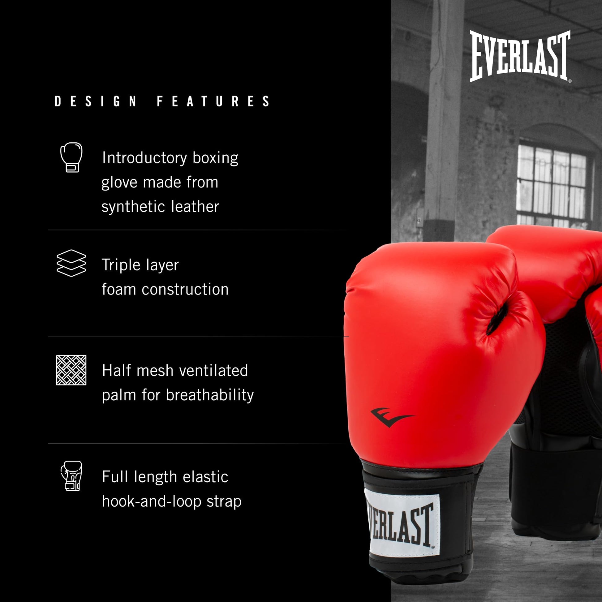 Guantes de Boxeo Everlast Prostyle 2 Negro con Cierre de Velcro y Ventilación para Hombres y Mujeres