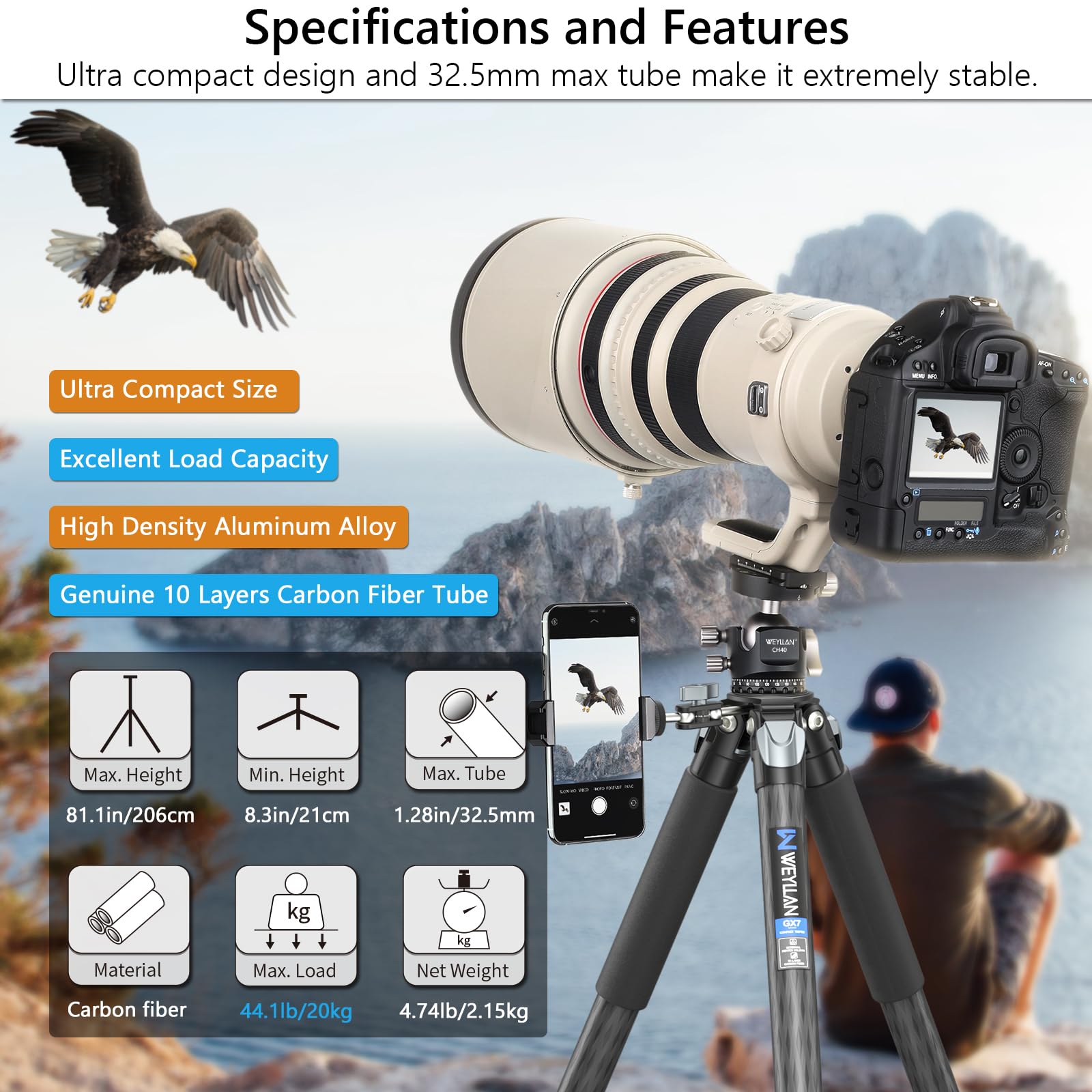 Trípode Profesional Weyllan Fibra de Carbono 81 Pulgadas Cabeza de Bola Bajo Perfil para Cámara Canon Nikon Sony