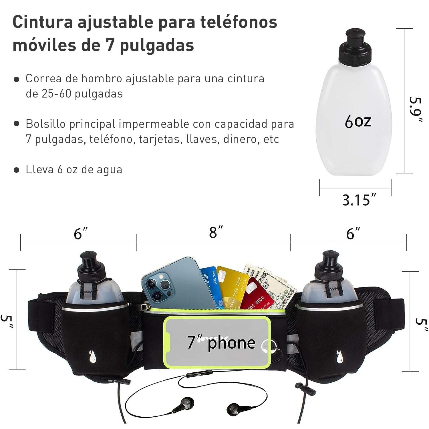 Garselay Cangurera Deportiva, Riñonera Deportiva con 2 Botellas de Agua, Cinturón Hidratación Running Reflectante con Orificio para Auriculares, Bolsa para Correr, Ciclismo, Gimnasio, Senderismo-Verde