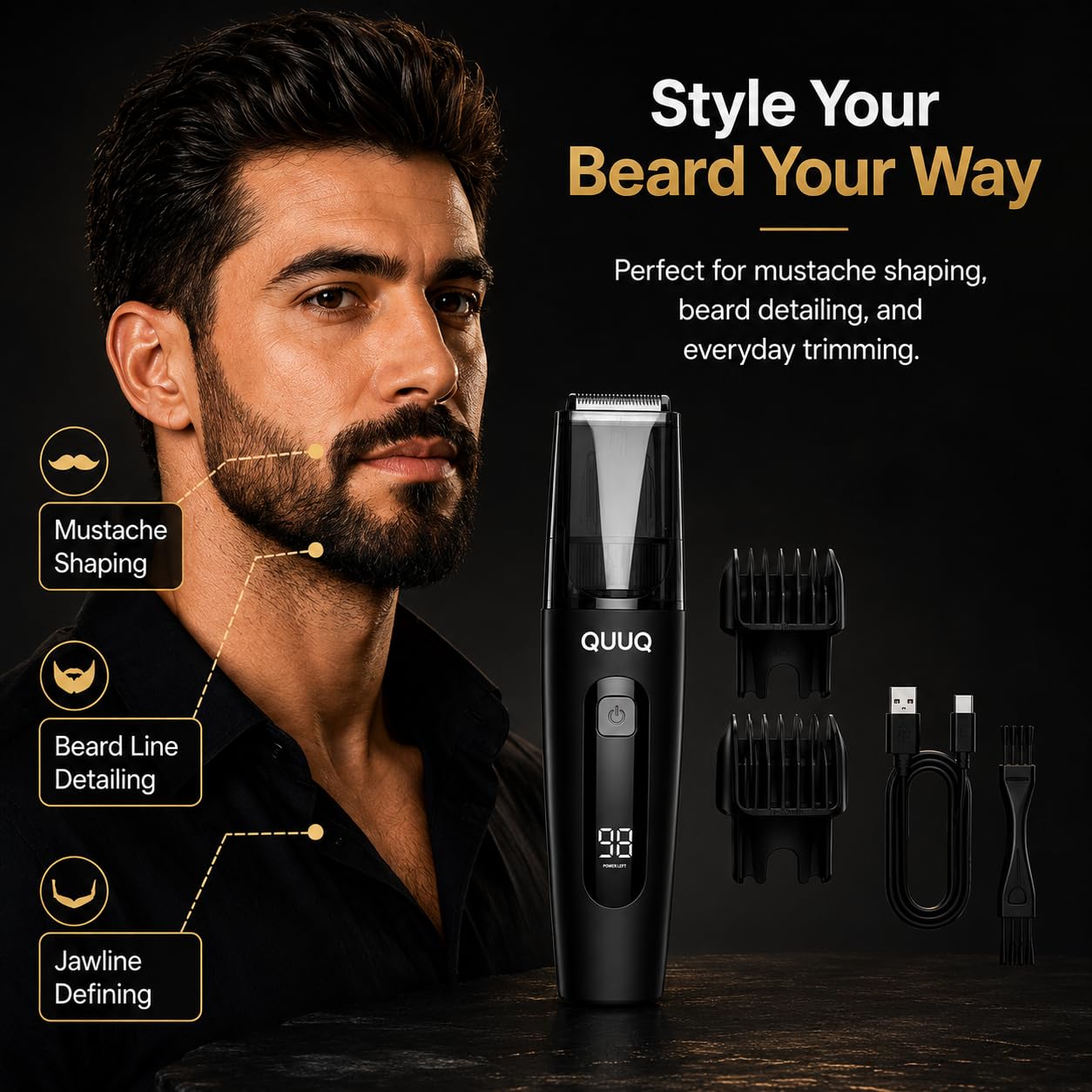 QUUQ Recortadora de barba al vacío para hombre: recortadora de bigote con peine ajustable, inalámbrica, con dial de precisión, silenciosa y resistente al agua.