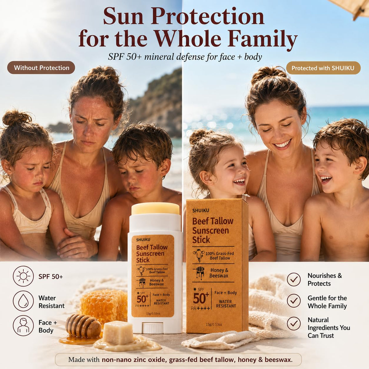 SHUIKU Barra De Protector Solar Orgánico De Sebo De Res Fps 50 – Protector Solar Mineral A Base De Sebo Con Miel Y Cera De Abejas Para Rostro Y Cuerpo, Bloqueador Solar Natural Resistente Al Agua, 15