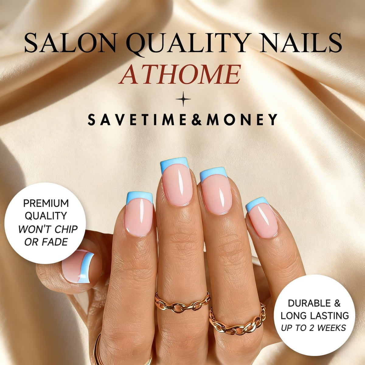 JOYVVEW Uñas francesas cortas y cuadradas, uñas postizas azules con base nude natural, uñas postizas con pegamento, uñas postizas clásicas reutilizables de gel para uso diario, 30 unidades