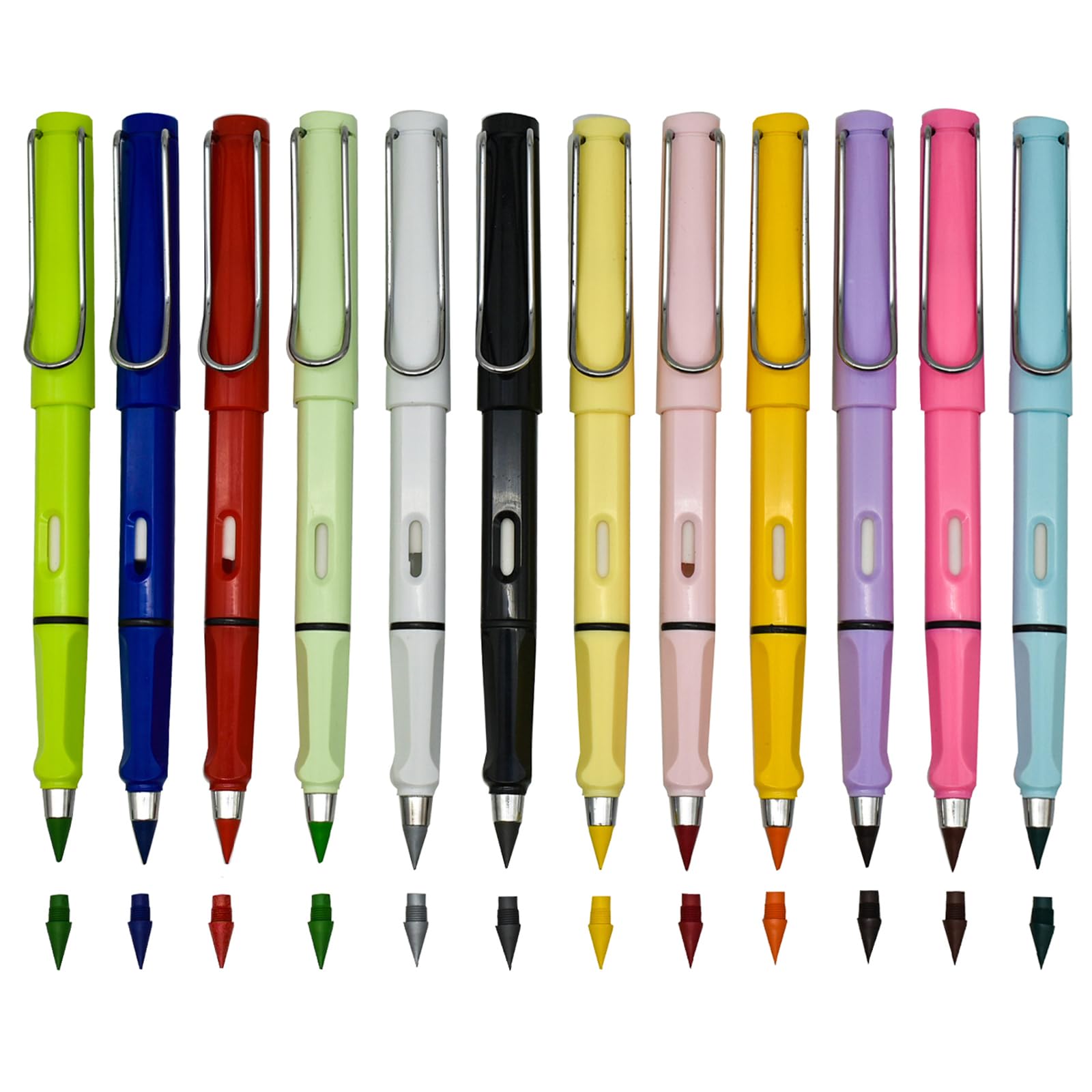 Lopenle - 12 lápices de colores eternos infinitos para colorear para siempre sin tinta con 12 puntas reemplazables, lápiz mágico para la escuela, oficina, uso profesional